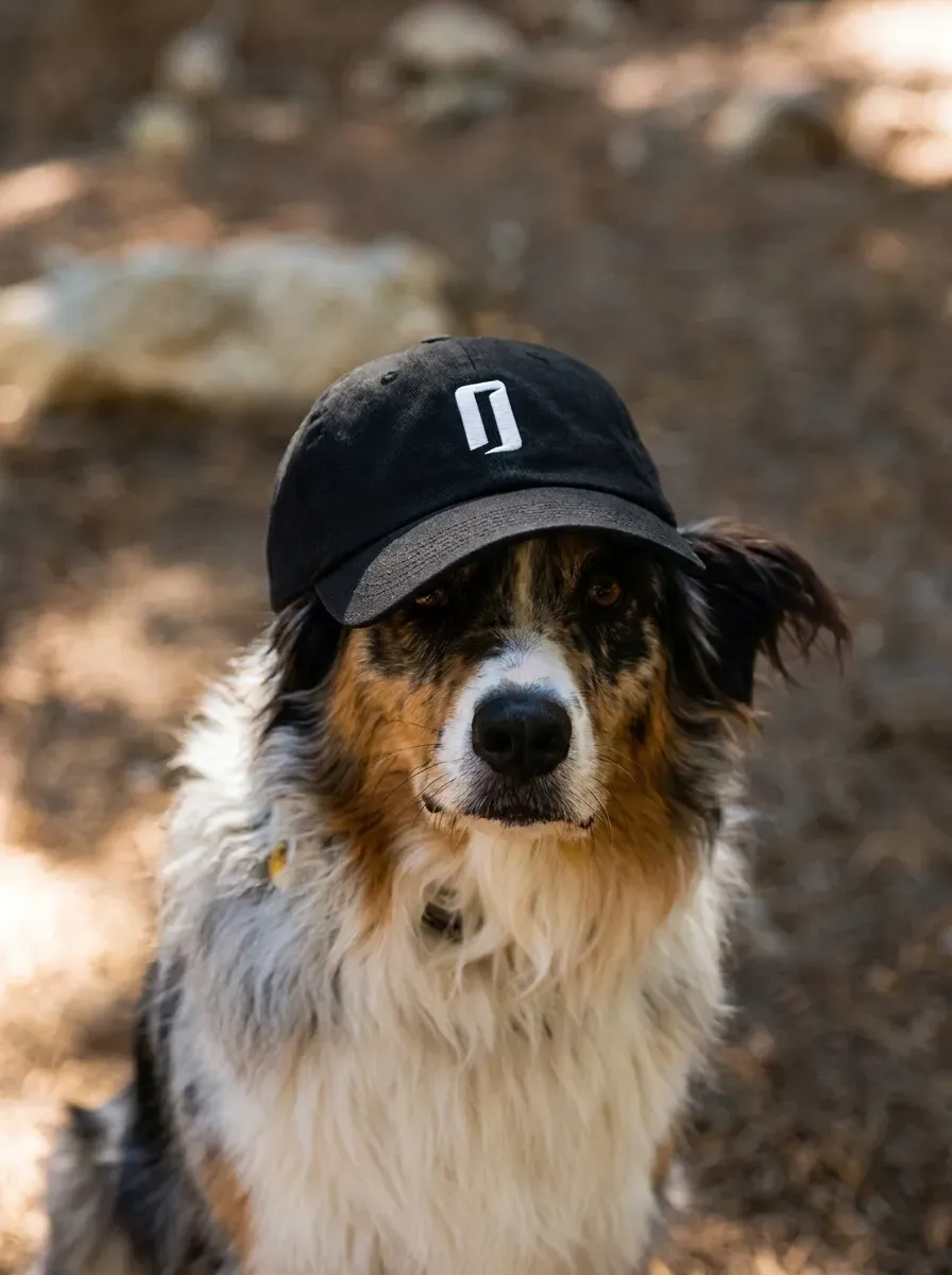 Visuel publicitaire IA : chien portant une casquette noire, extérieur ensoleillé