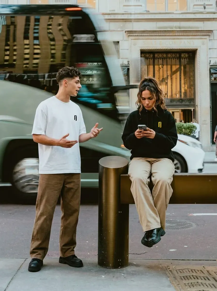 Visuel publicitaire IA : duo de jeunes en streetwear assis dans la rue