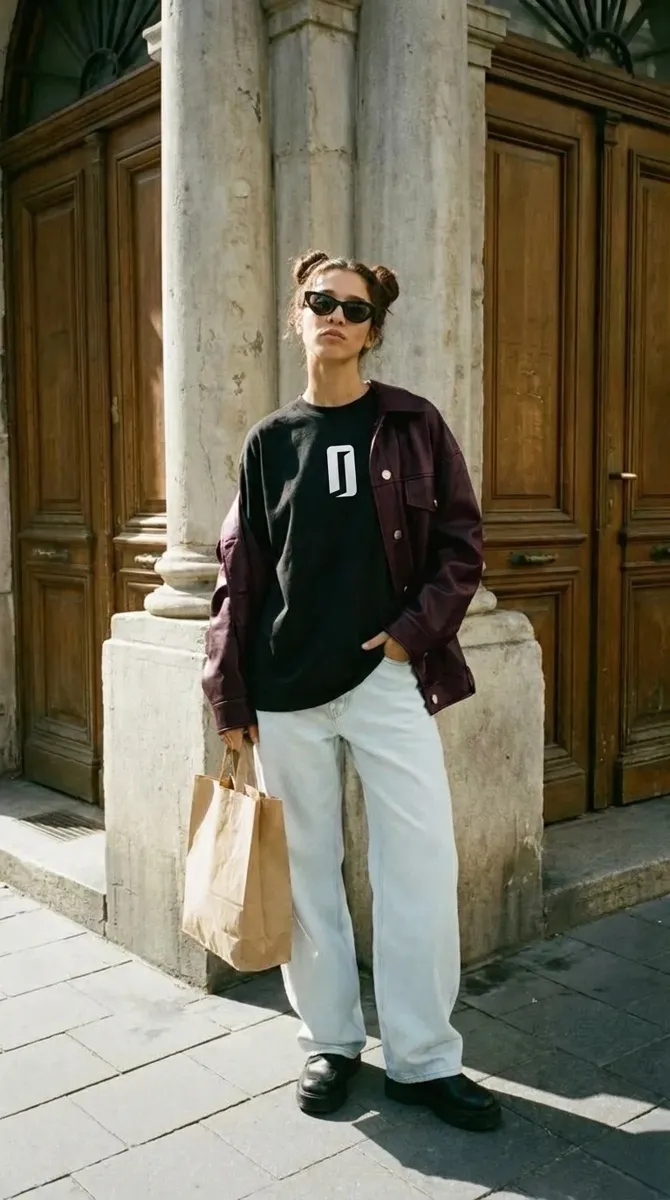 Visuel publicitaire IA : femme en lunettes de soleil sortant d'une boutique avec un sac