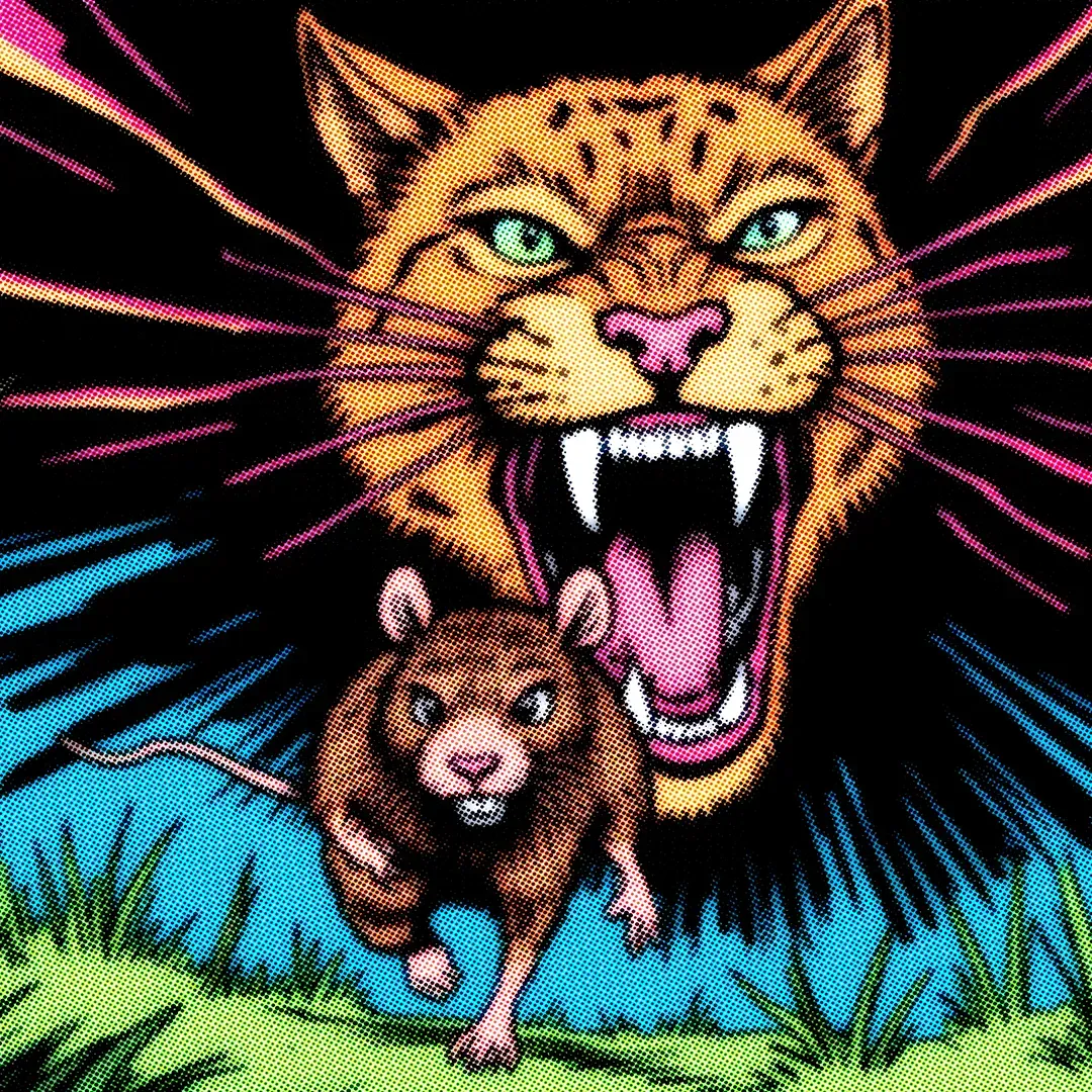 Illustration de clip IA cartoon : chat sauvage qui poursuit un rat