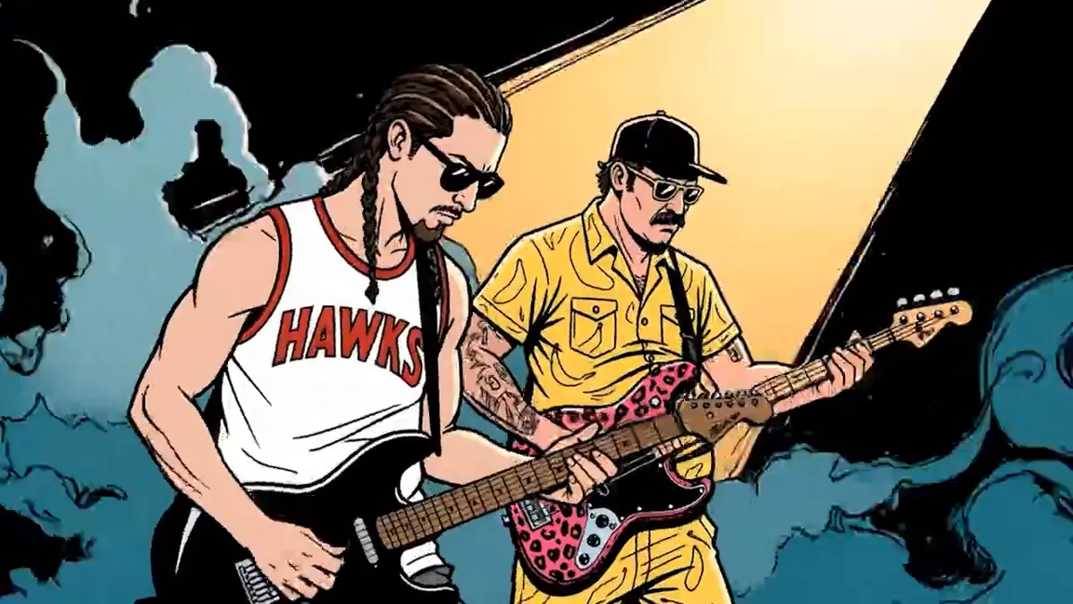Image extraite d'un clip IA cartoon : musiciens de rock en train de jouer, style comics