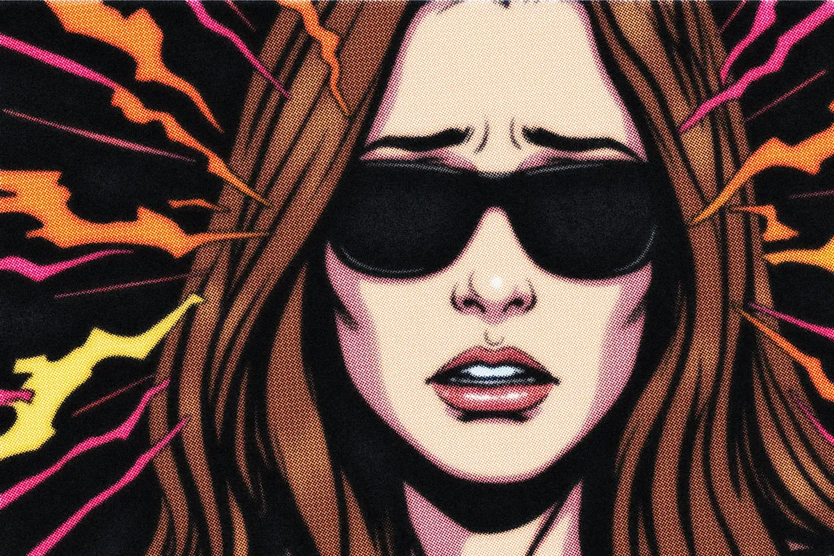 Illustration IA style comics rétro : femme en lunettes de soleil