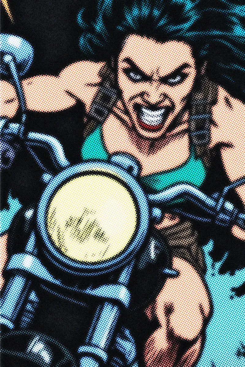 Illustration de clip IA style comics : héroïne à moto, expression déchaînée