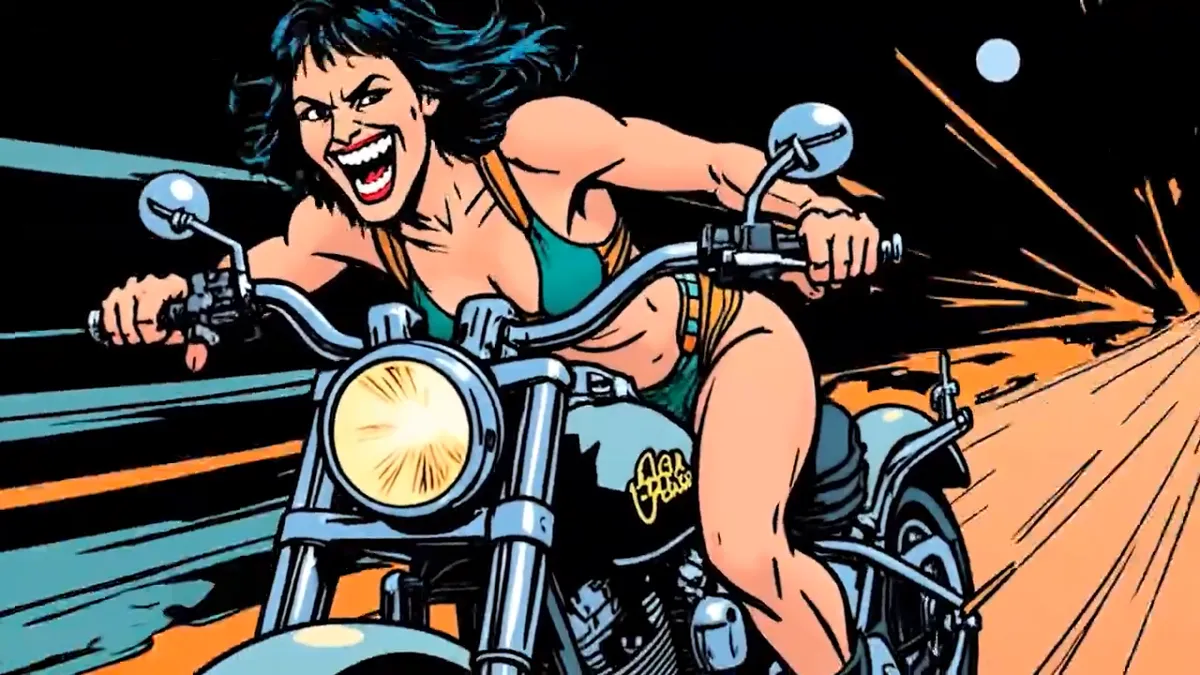 Image extraite d'un clip IA style comics : poursuite à moto