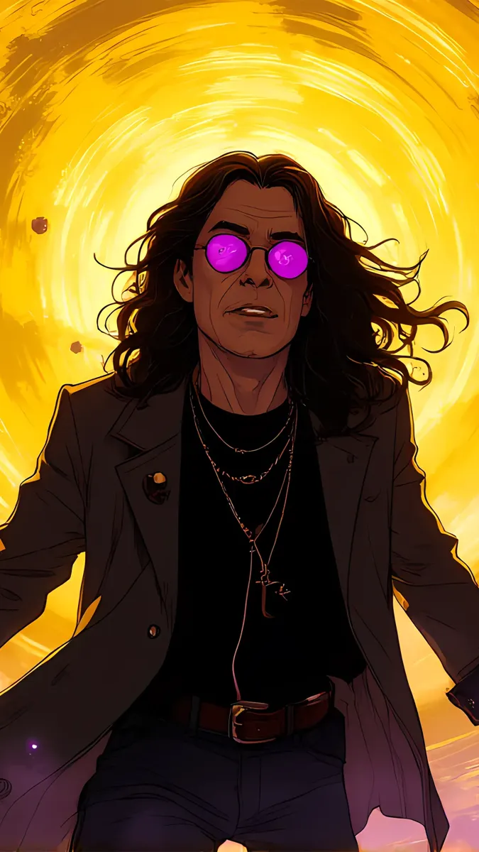 Illustration IA style comics : chanteur de metal aux yeux violets devant un halo doré