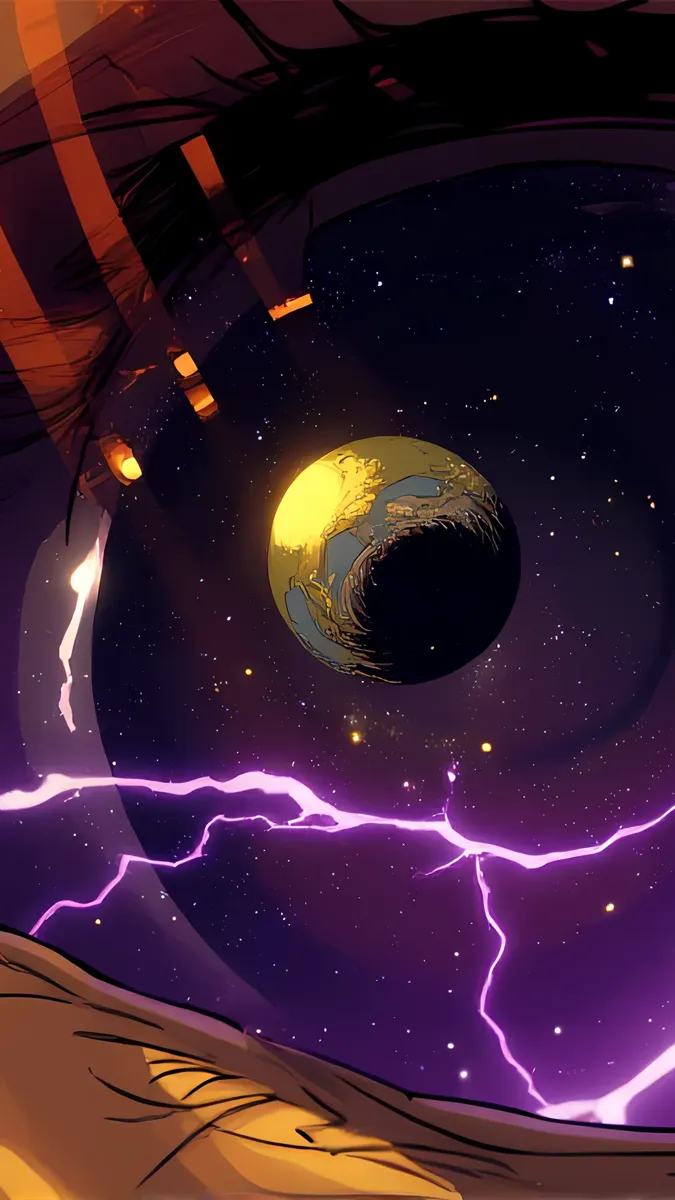 Plan vidéo IA cinématographique : éclipse au-dessus d'une planète, éclairs violets