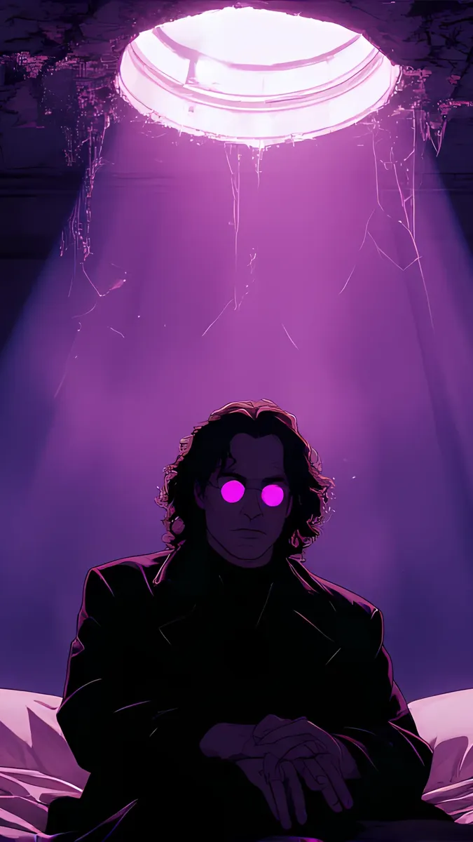 Illustration IA : silhouette sombre aux yeux violets sous un faisceau de lumière