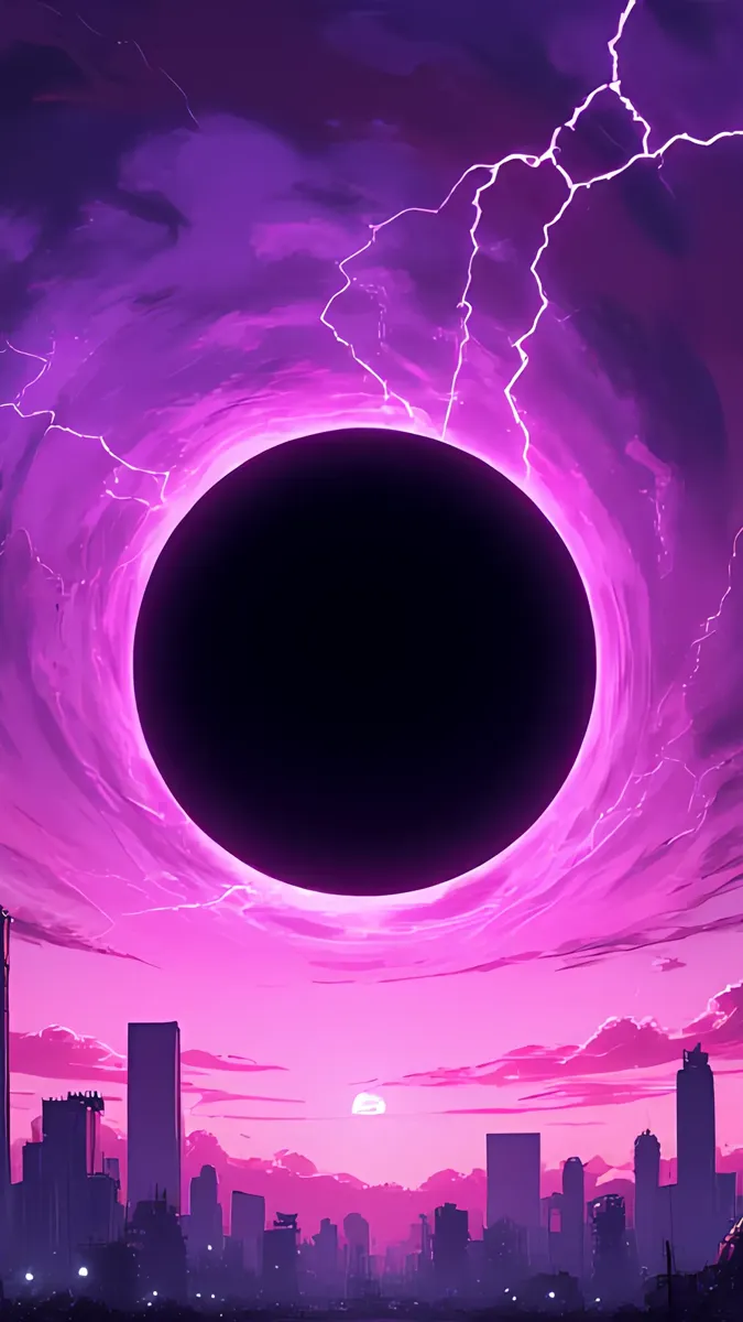 Illustration IA : trou noir violet au-dessus d'une ville nocturne, éclairs