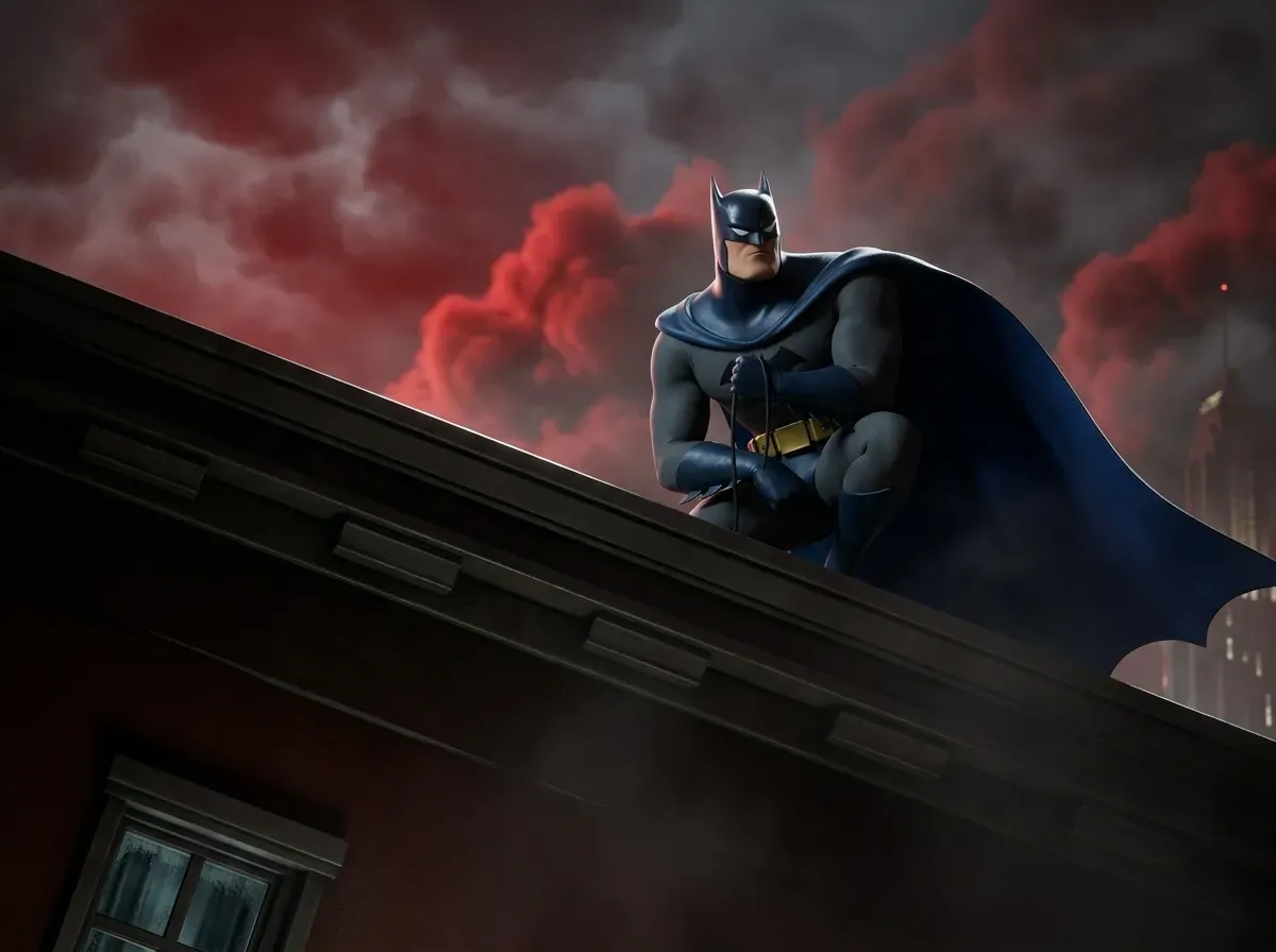 Fan film IA : Batman sur un toit de Gotham sous un ciel rouge