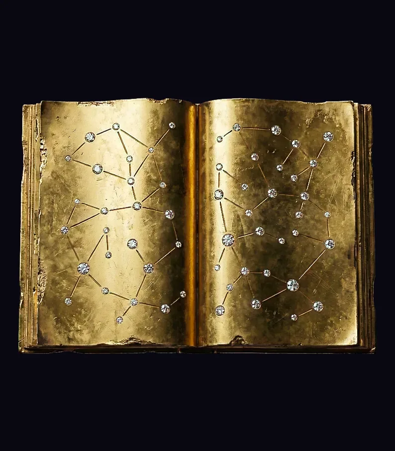 Livre en feuille d'or avec des constellations en diamants
