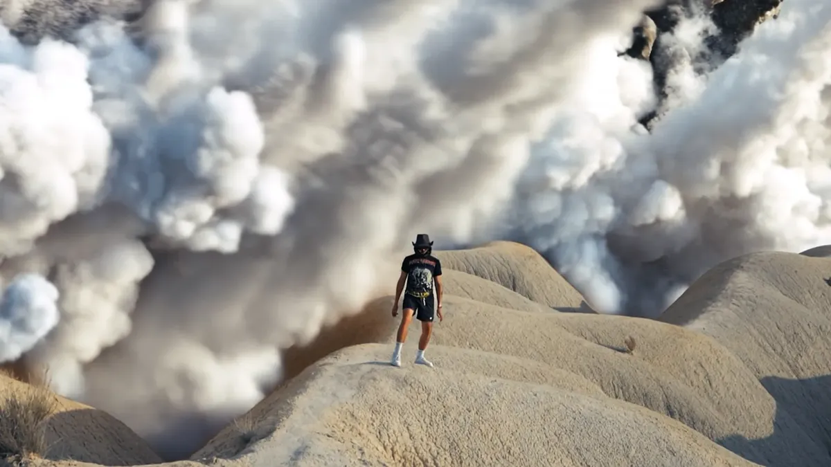 Plan large d'un homme seul dans un paysage désertique sous des nuages, cadrage cinéma