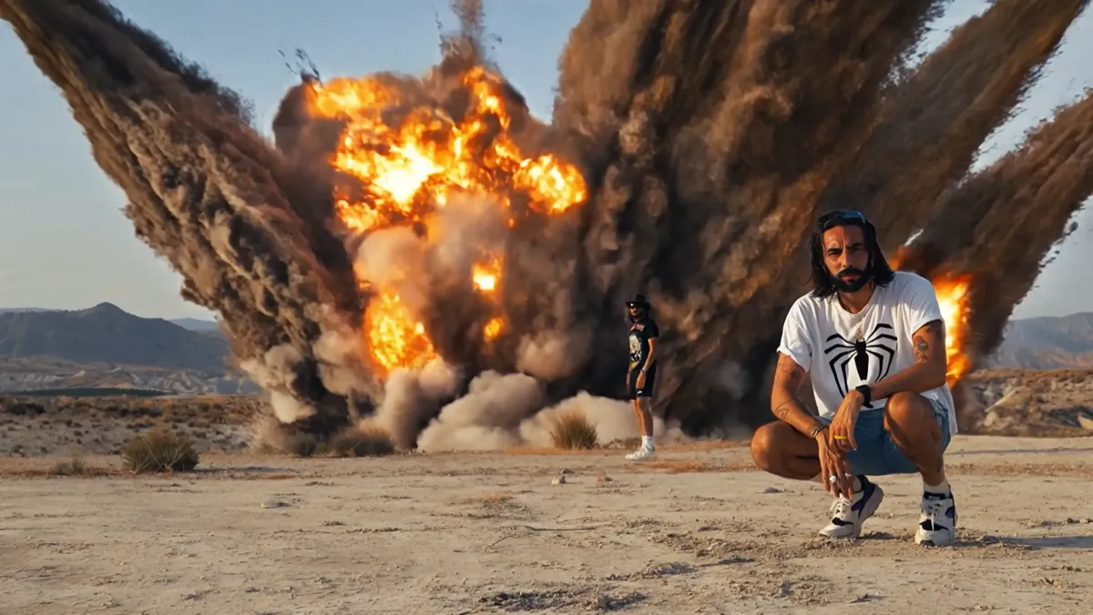Clip rock : explosions dans un paysage désertique derrière un musicien accroupi