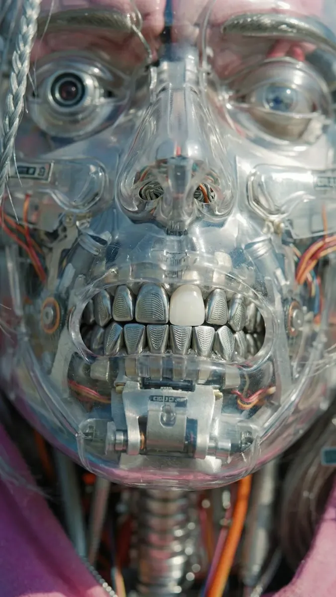 Effet IA : visage transformé en crâne de robot transparent, rendu photoréaliste