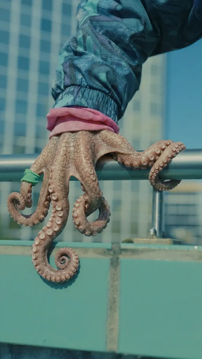 Effet spécial IA : main qui se transforme en tentacules de pieuvre sur une rambarde, tournage réel