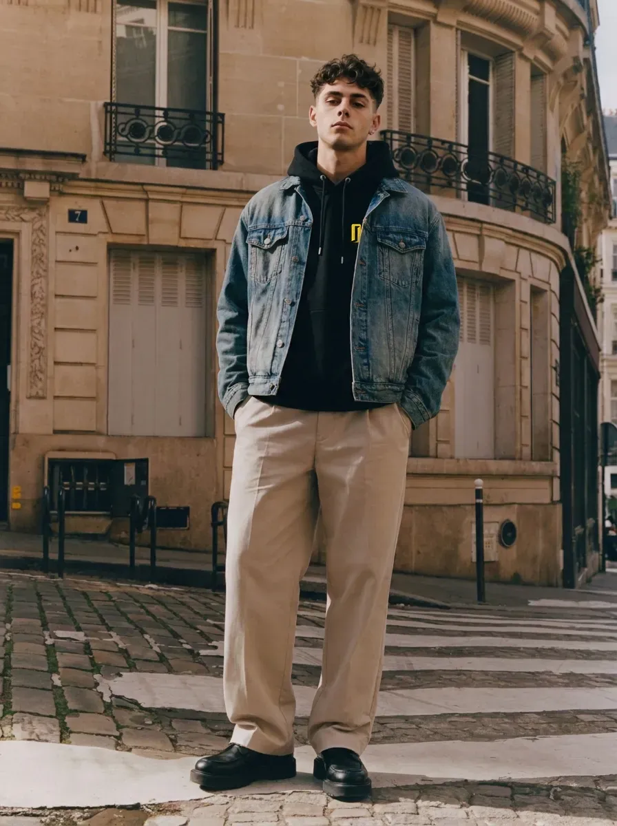 Influenceur IA en veste en jean dans une rue parisienne, look streetwear
