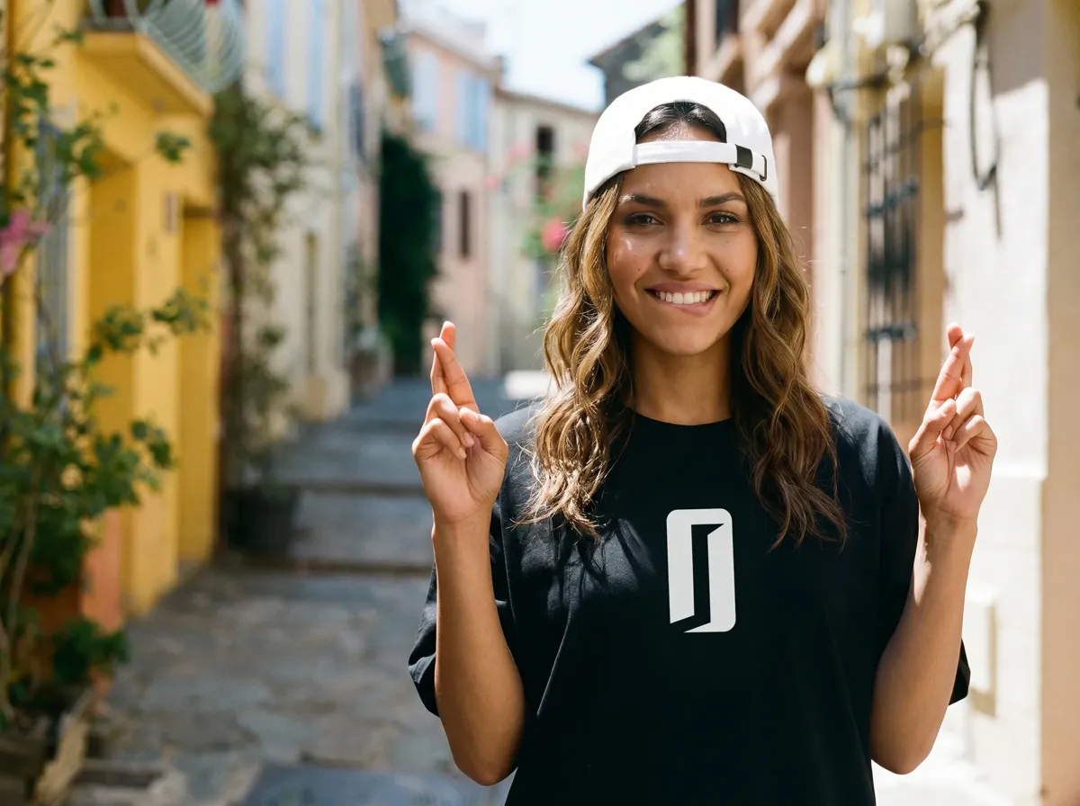 Influenceuse IA souriante dans une ruelle colorée, tee-shirt noir et casquette