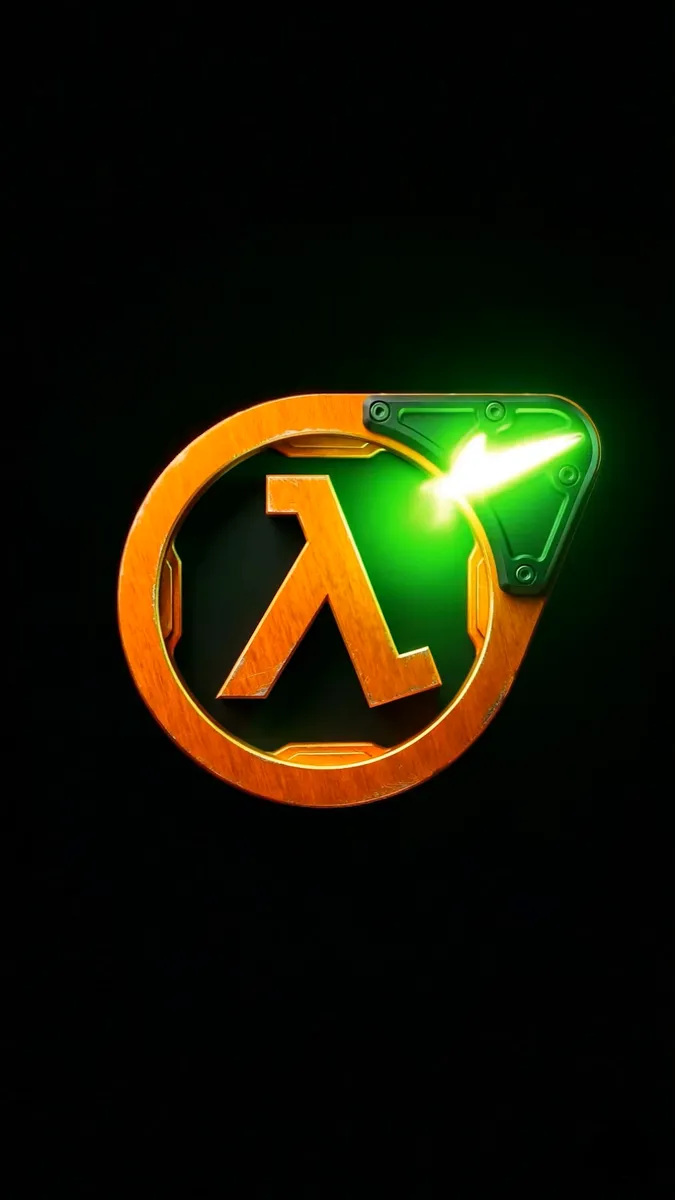 Logo Half-Life lumineux orange et vert, image extraite d'une animation de logo IA