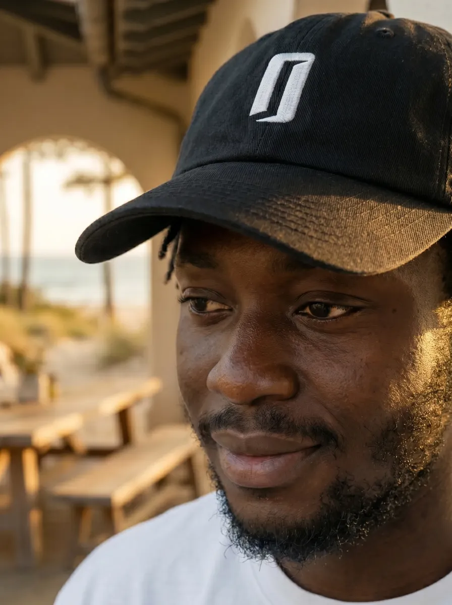 Gros plan macro sur le visage d'un mannequin IA avec casquette, peau photoréaliste