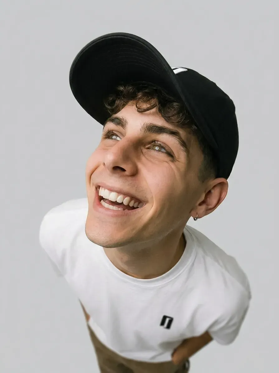 Mannequin IA jeune homme souriant en casquette noire, plongée studio