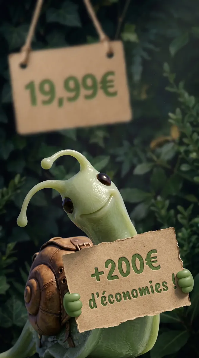 Mascotte IA : escargot souriant tenant une pancarte d'économies, rendu photoréaliste