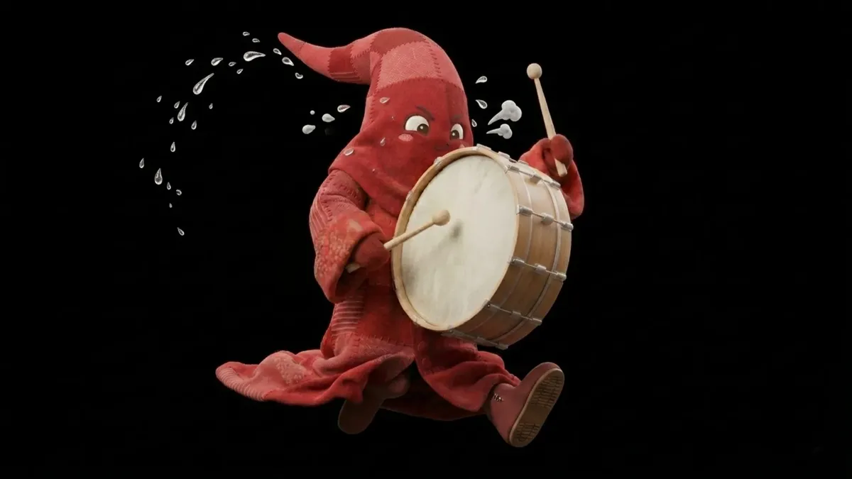 Mascotte IA : petit personnage rouge courant avec son tambour, fond noir