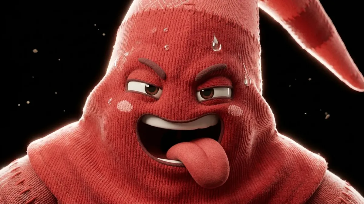 Mascotte IA en 3D cartoon : personnage rouge qui grimace