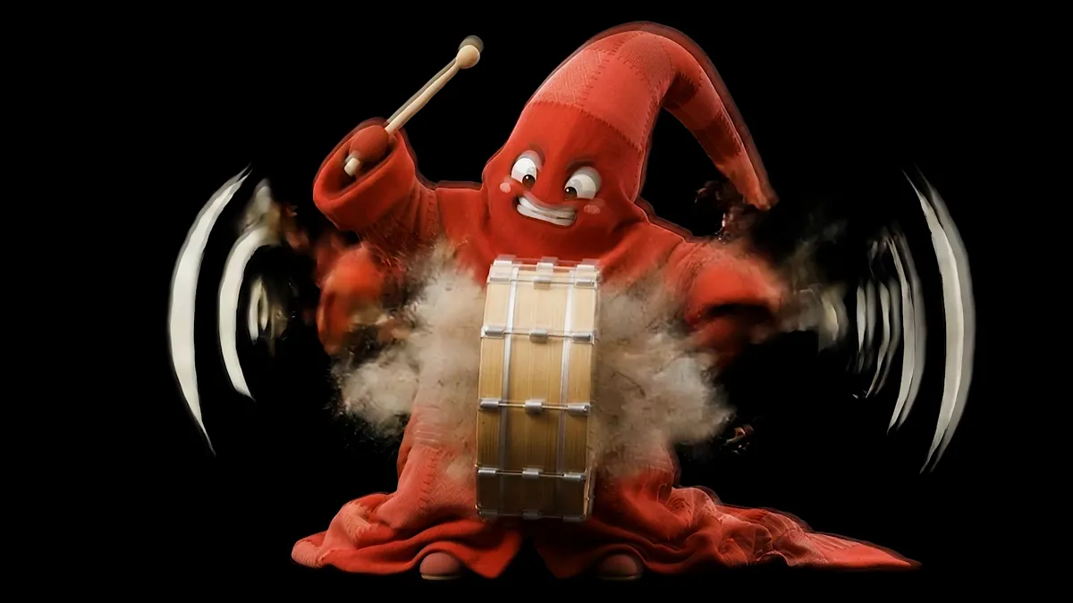 Mascotte IA d'un festival de tambours : personnage rouge frappant un tambour, ondes sonores