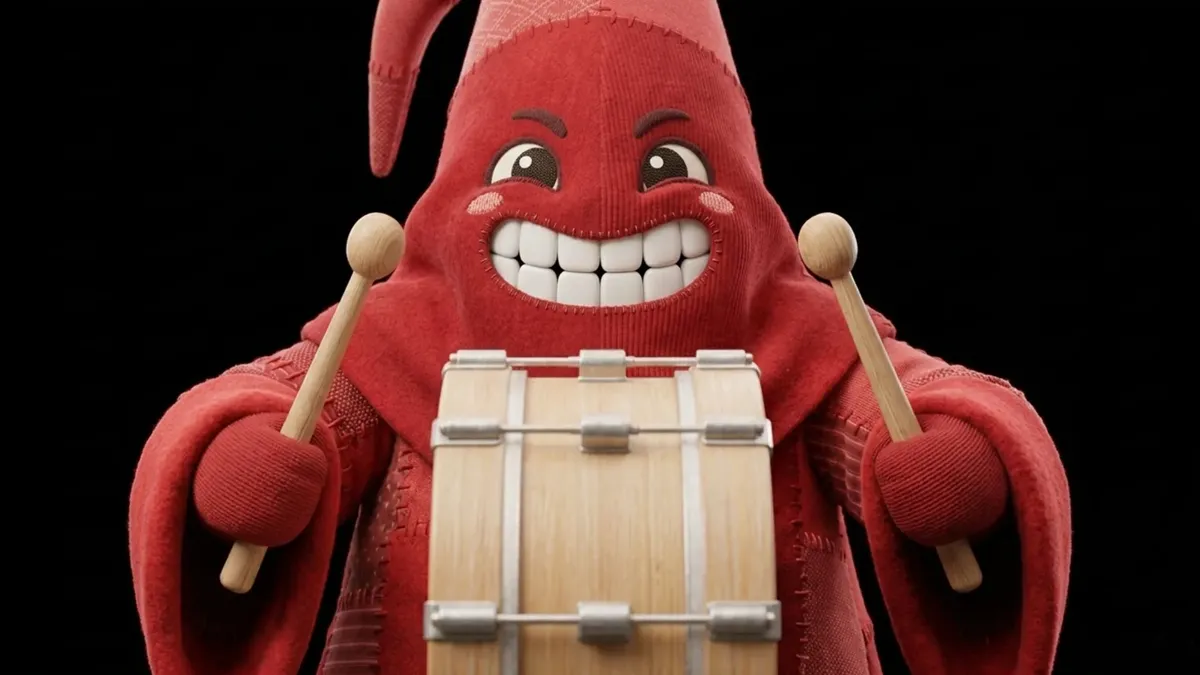 Mascotte IA : petit personnage rouge souriant avec un tambour, fond noir