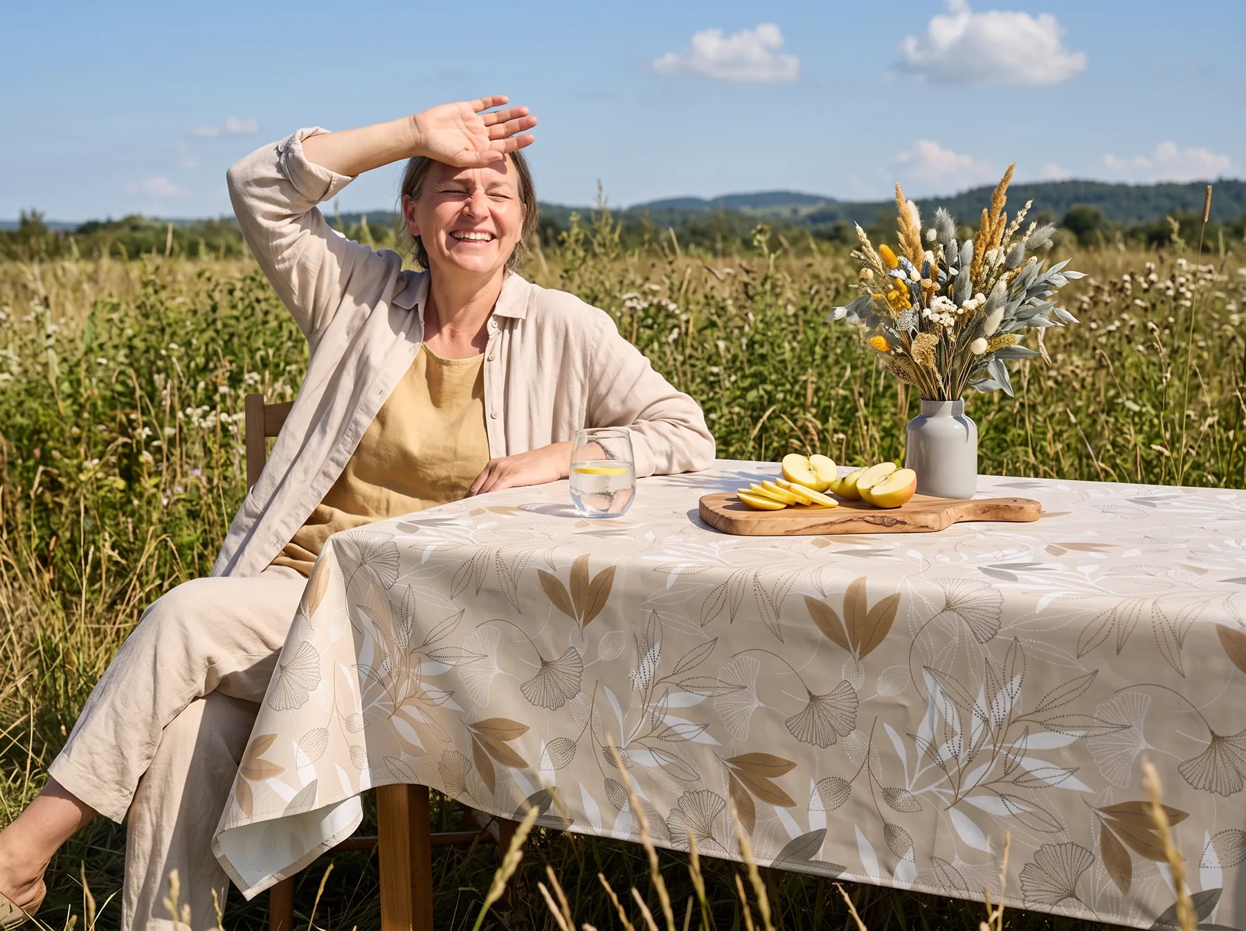 Toile cirée motif botanique mise en scène sur une table, visuel IA