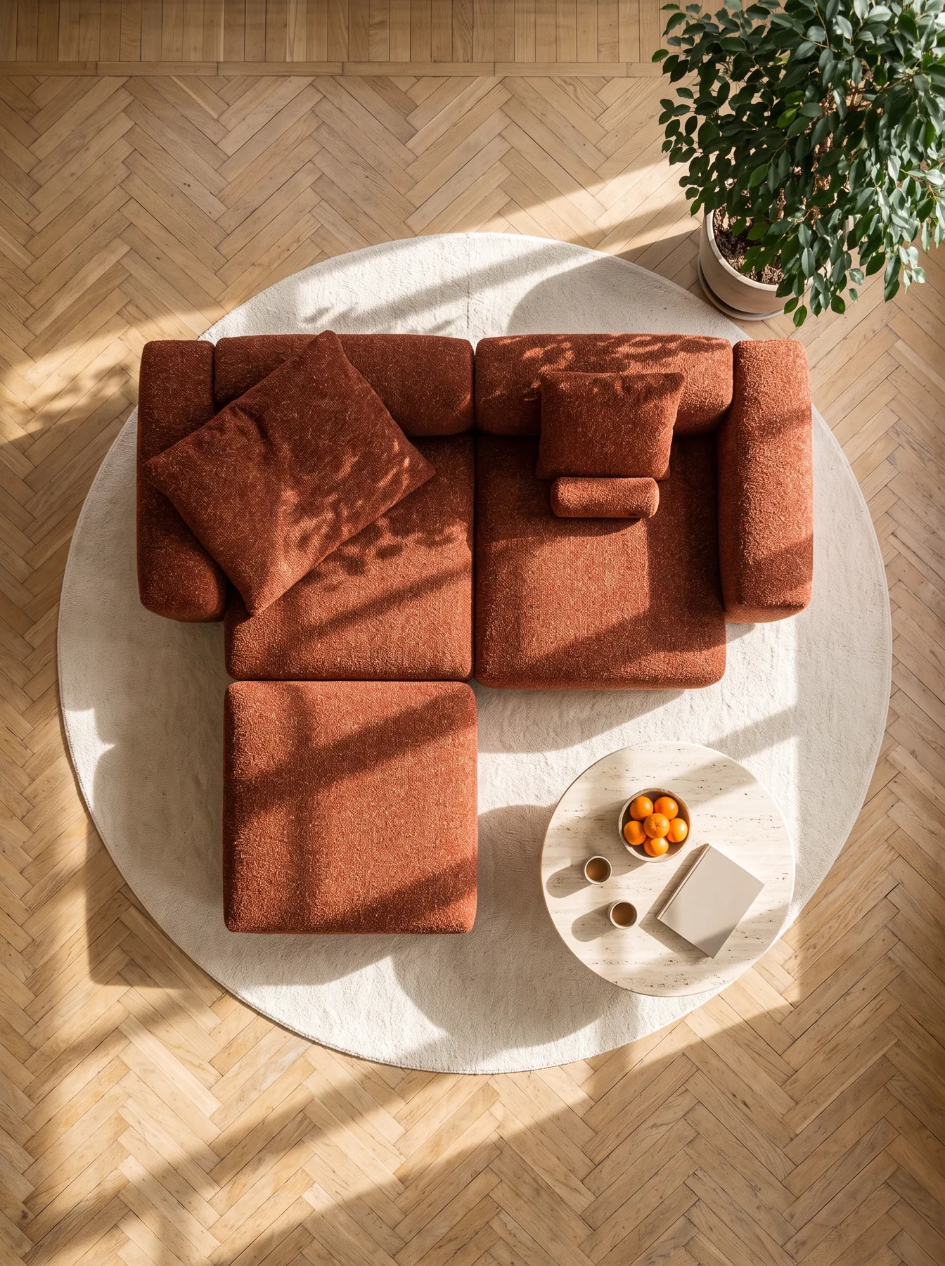 Canapé d'angle mis en scène dans un salon lumineux, visuel IA