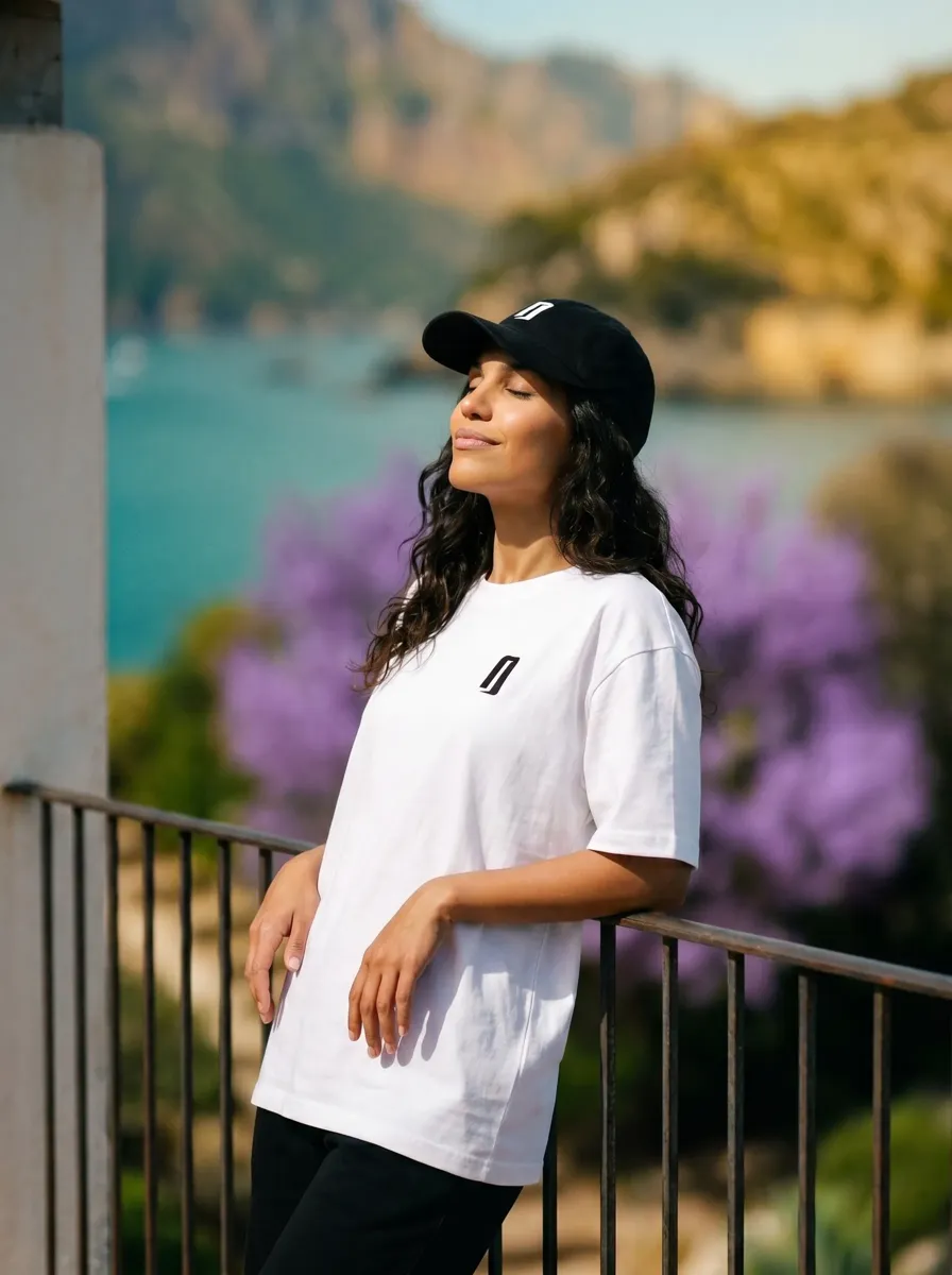 Mise en situation IA : femme en tee-shirt blanc face à la mer, fleurs au premier plan