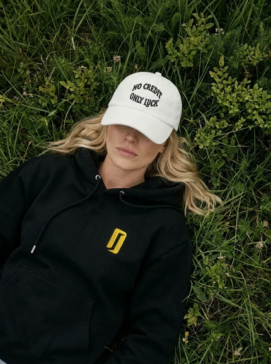 Shooting IA en extérieur : femme allongée dans l'herbe en hoodie noir et casquette
