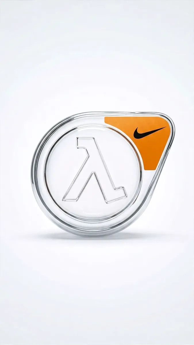 Logo fusion Half-Life et Nike en verre, rendu 3D IA sur fond blanc
