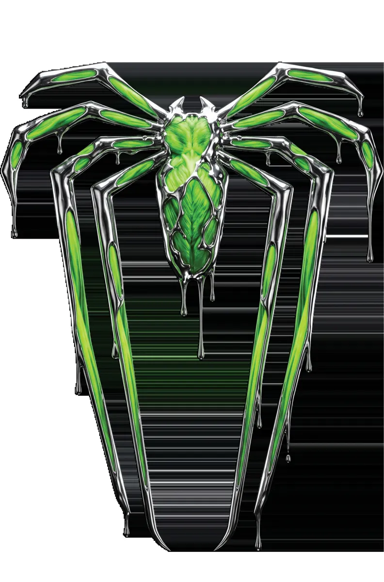 Spec ad IA streetwear Marvel : emblème d'araignée chromé vert sur fond blanc