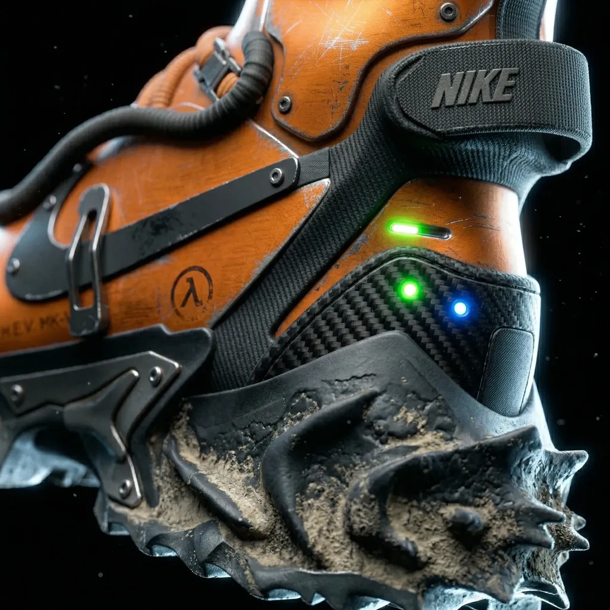 Gros plan IA sur une semelle de sneaker texturée avec logo lambda lumineux