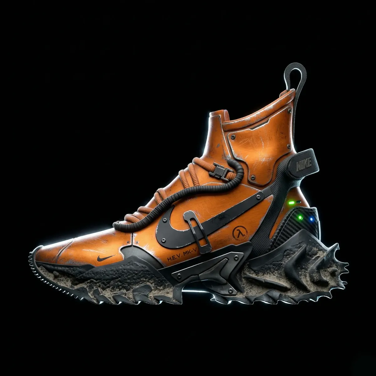 Spec ad IA : sneaker Nike aux couleurs du jeu vidéo Half-Life, rendu produit photoréaliste