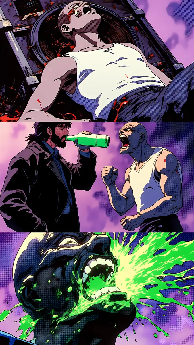 Planche de visuels IA en style anime pour un duo de rock, couleurs violettes