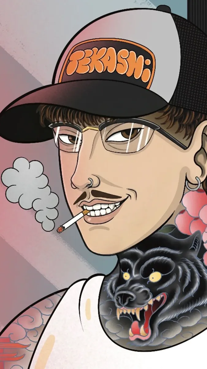 Illustration IA d'un tatoueur en casquette avec cigarette, style dessin