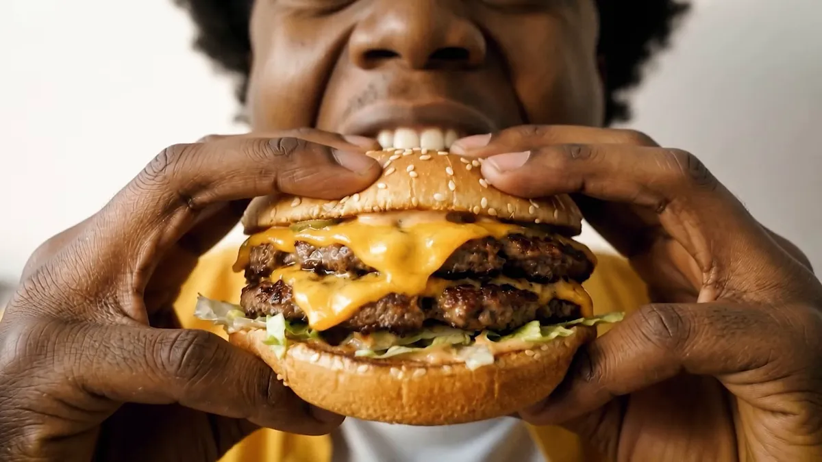 Plan de vidéo IA photoréaliste : gros plan sur un burger tenu à deux mains