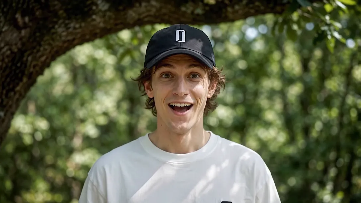Plan de vidéo publicitaire IA : jeune homme en casquette, expression de surprise, extérieur