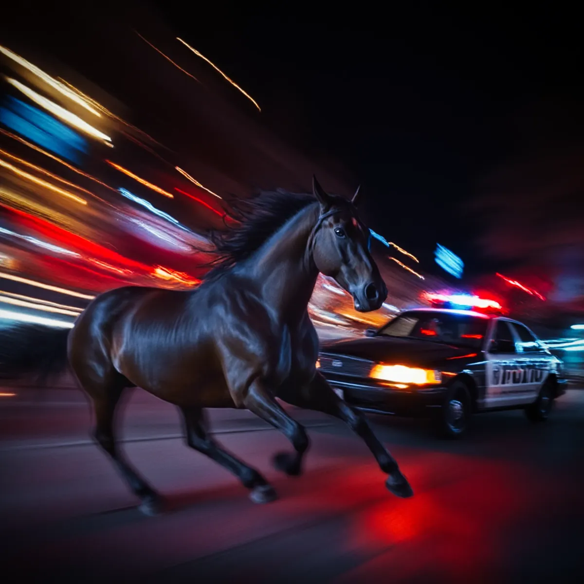 Visuel IA nocturne : cheval noir et gyrophares, couleurs saturées rouge et bleu